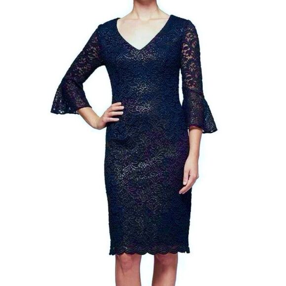 Alex Evenings Navy Blue Gold Lace Illusion‎ V Neck Bell Sleeve Sheath Dress 14 - Picture 1 of 11